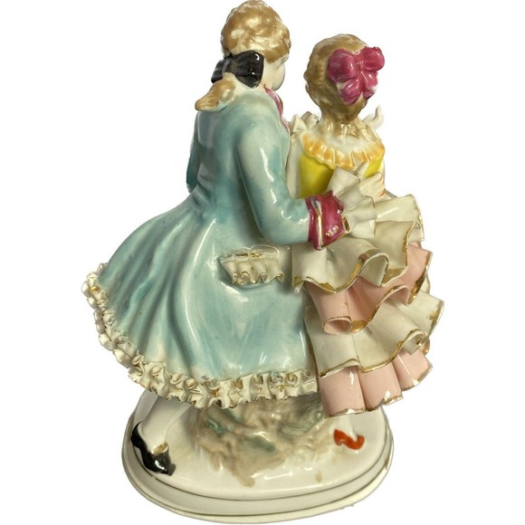 Vintage 7" Bone China Courting Couple Figurine Pink, Aqua with Gold Accents - Picture 3 of 5